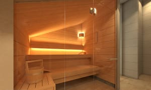 Moderner Holzsauna-Innenraum mit warmem Licht, zwei Holzbänken auf zwei Ebenen, einem Holzeimer und einer Glasfront mit Tür